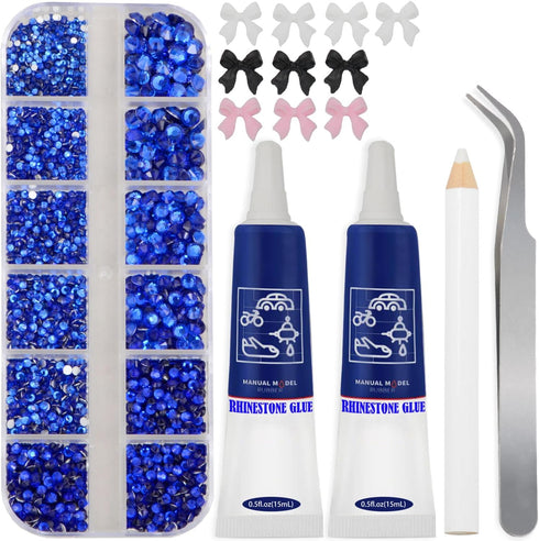 Jewelry Adhesive Glue with Flatback Crystal Rhinestones kit, 6 Sizes 2500Pcs Sapphire No Hotfix Rhinestones for Nail Art Craft Makeup with Bow Twe...