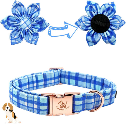 Elegant little tail Dog Collar with Flower - Blue Plaid Dog Collar Cute Flower Collar Adjustable Dog Collar for Large Dog...