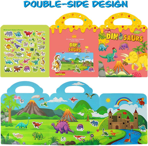 Reusable Sticker Books for Kids, Travel Removable Toddler Dinosaur Sticker Books for 3 4 5 Year Old Girls Boys Birthday Gifts Educational Learning...