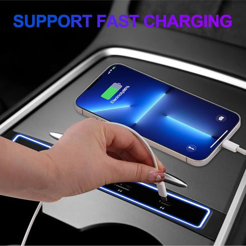 CICMOD Car USB Charger for Tesla Model 3/Y 2021 2022 2023 Multi Port USB Hub Docking Station with Touch Control Blue LED Light, Fit Center Console...