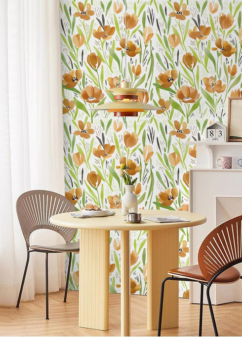 HAOKHOME 93392-1 Spring Floral Wallpaper Peel & Stick Wall Paper with White/Green/Earth Tone Flower Contact Paper for Bedroom 17.7in x 9.8ft...