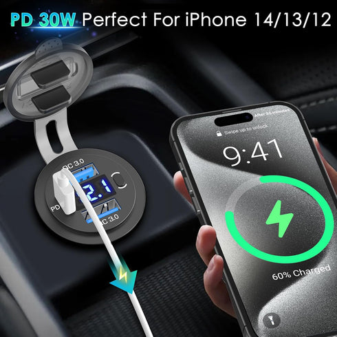 12V USB C Car Charger Socket 2 Pack: Dual Quick Charge 3.0 & PD USB C Car USB Ports 12 Volt USB Outlet with Voltmeter and Power Switch DIY Car Soc...