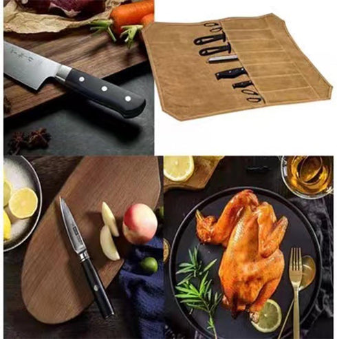 Knife Roll, Waxed Canvas Chef's Knife Roll Bag, 7 Knife Slots for Cutlery Knives and Kitchen Utensils, Knife Storage Case Knife Carrier Perfect fo...