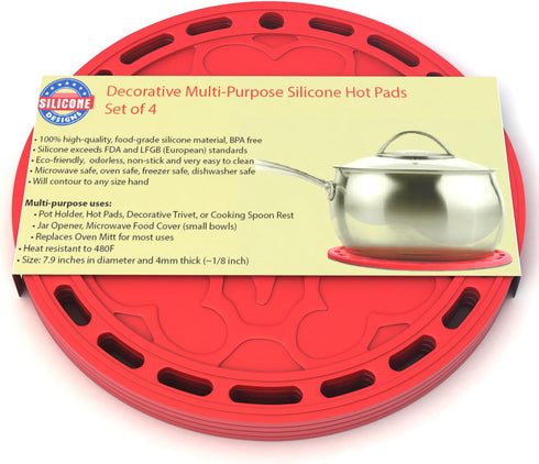 Silicone Hot Pads (Set of 4) - 6 in 1 Multi-Purpose Kitchen Tool, Pot Holder, Splatter Guard, Microwave Cover, Jar Opener, Decorative Trivet, Red,...