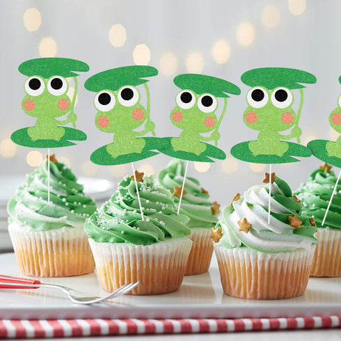 Green Glitter Frog Cupcake Toppers,Princess Frog Food Picks, Rainforest Party Decorations,Frog Birthday Baby Shower Cake Decor,Set of 24...