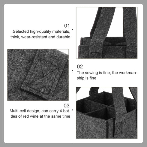Foldable Tote Bag 4 Bottle Wine Carrier Tote Wine Bottle Bags Felt Wine Carrier Reusable Grocery Bags for Travel Camping and Picnic Dark Grey Coll...