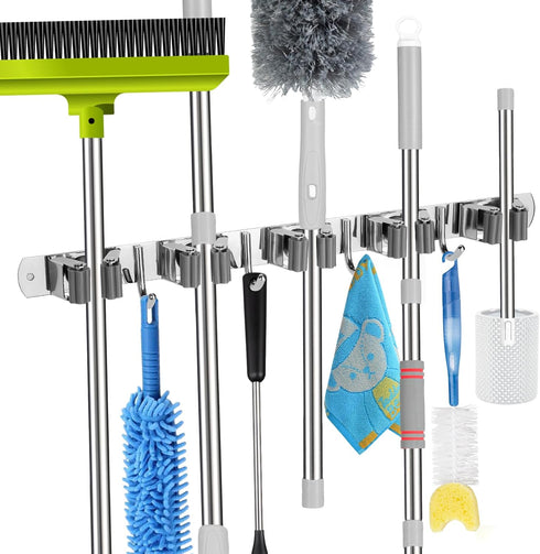 voze 5 Racks and 4 Hooks Mop and Broom Holder Wall Mount, Self Adhesive Heavy Duty Broom Organizer Storage Tool Racks for Kitchen Garden Laundry G...