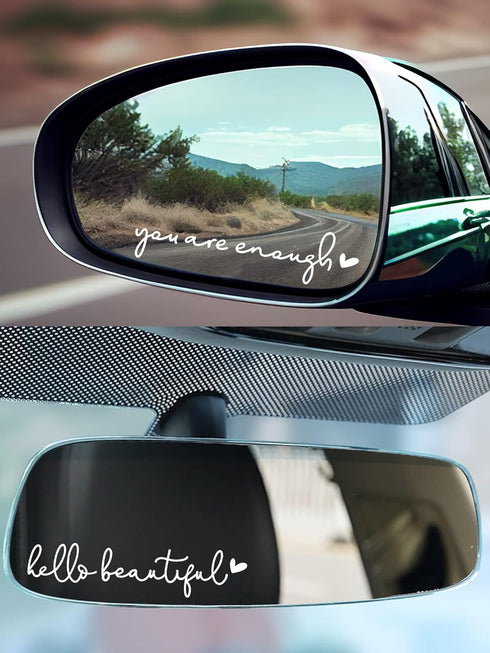 White Rearview Mirror Vinyl Decal Sticker, Hello beautiful You're enough Decal, Water Bottle Sticker, Car Windshield, Rear View Mirror, Mirror, La...