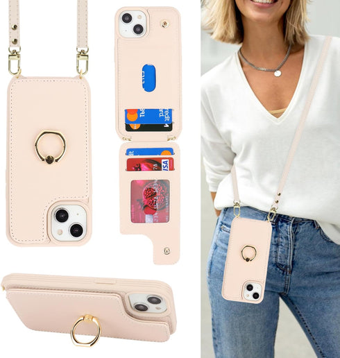 for iPhone 14 Case with Card Holder for Women,iPhone 14 Phone Case with Strap,Crossbody Lanyard,Ring Stand,Snap Clasp,Cute Wallet Cases 6.1 inch (...