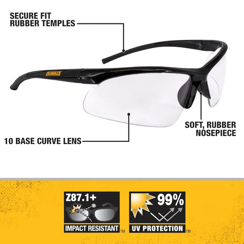 DEWALT DPG51 Radius Unisex Half Frame Protective Eyewear, Black Frame Clear Lens - 4 Pack...