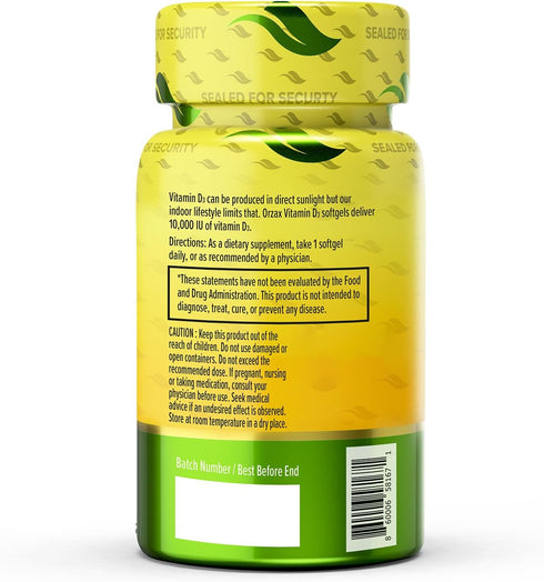 ORZAX Vitamin D3 10000 iu (250 mcg) - 1 Year Supply for Strong Muscle Function & Immune Support - Mood Supplement for Wellness (120 Softgel)...