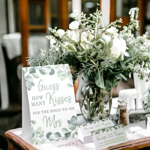 Your Main Event Prints Eucalyptus Bridal Shower Games – How Many Kisses For The Mrs, Includes 1 Stand (5x7) and 50 Guessing Cards...
