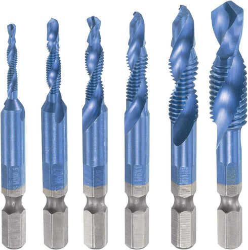 uxcell Combination Drill and Tap Bit Set M3 M4 M5 M6 M8 M10 with 1/4" Hex Shank Bluing High Speed Steel Countersink Bit Spiral Flute Tapping Tool ...