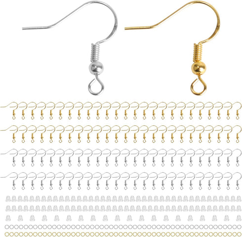 300PCS 925 Sterling Silver Earring Hooks, Gold Earring Hooks, Stainless Steel Ear Wires Fish Hook, Hypoallergenic Earring Making kit with Clear Si...