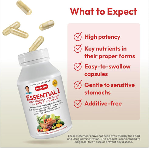 ANDREW LESSMAN Essential-1 Multivitamin 3000 IU Vitamin D3 30 Small Capsules - 100 mcg Methyl B12. CoQ10 Lutein Lycopene Zeaxanthin. High Potency....