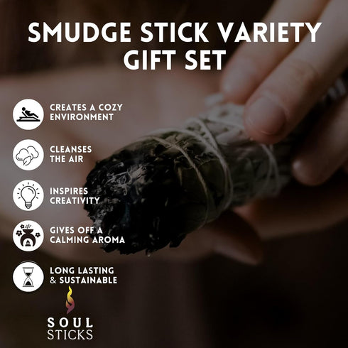 SOUL STICKS Smudge Stick Variety Gift Set | Bulk Sage Bundles for Space Cleansing | Smudging Wand Gift Set with Smudge Guide (Essential Sage, 6 Pa...