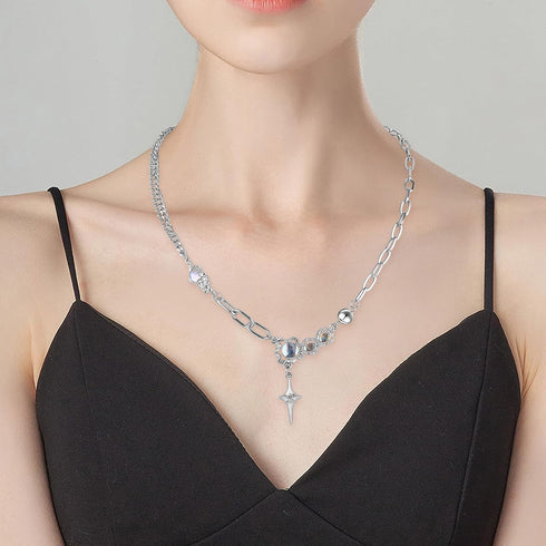 Silver Y2k Star Pendant Necklace Rhinestone Moonstone Irregular Necklace Adjustable Grunge Jewelry Gifts Accessories for Women Teen Girls Aestheti...