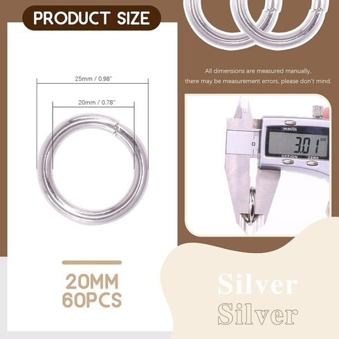 60Pcs Metal O Ring Kit Belts Hardware Pin O-Ring for Macrame, Camping Belt, Dog Leashes, Light Saber Accessories, Luggage Belt, Handbag(Sliver, 3/...