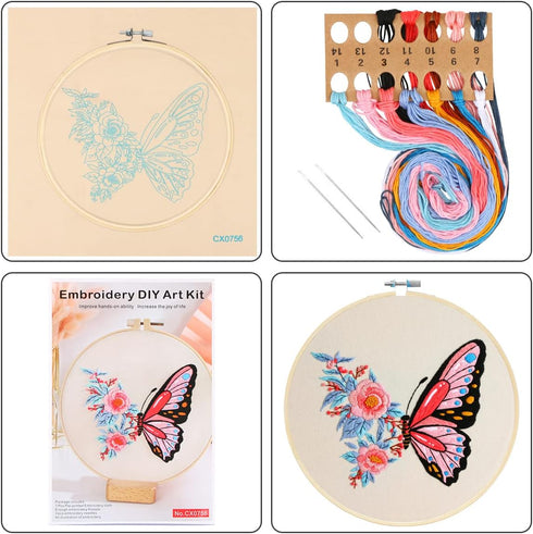 MIKIMIQI Embroidery Starter Kit with Pattern, Flowers Butterfly Stamped Embroidery Kit Including Embroidery Fabric, Bamboo Embroidery Hoop, Thread...