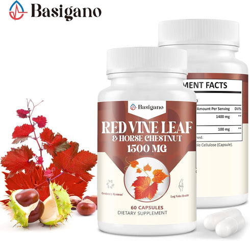 Red Vine Leaf & Horse Chestnut Extract Capsule Supplements (Vitis Vinifera) 1500mg -Premium Extract for Healthy Veins, Circulation, Heart, Skin...