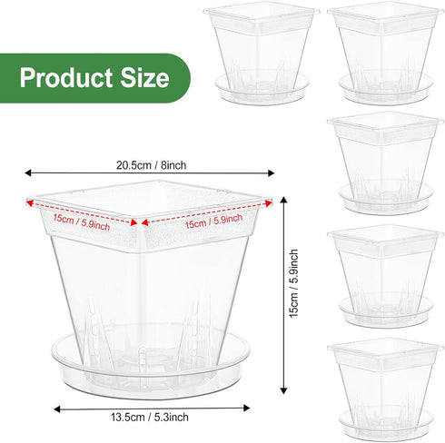 Orchid Pot, 7 Pack 6 Inch Clear Square Plastic Breathable Orchid Pots for Repotting, Plant Potswith Holes and Saucers for Indoor Plants, Spider Pl...