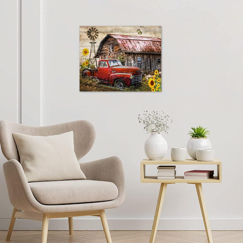 LB Rustic Farmhouse Canvas Wall Art Old Car and Cattle with Barn Framed Canvas Art Farm Cow and Sunflowers Canvas Wall Art Decor for Living Room B...
