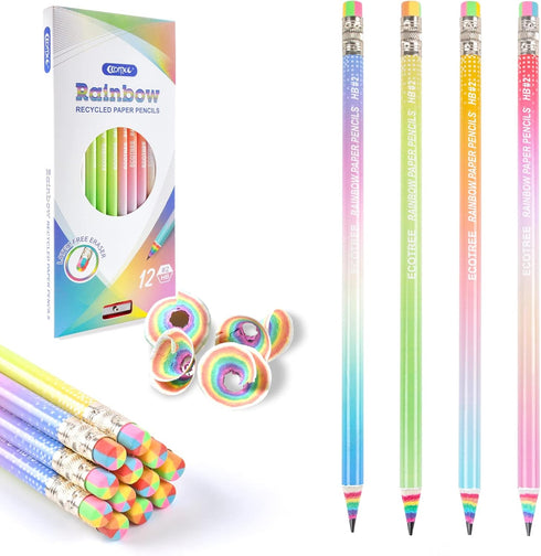 ECOTREE Pencils #2 Pre-sharpened Pencils Number 2 Pencils School Pencils Kids Pencils with Erasers Rainbow Pencils Eco Pencils Recycled Paper Penc...