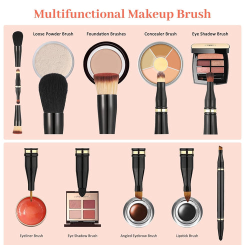 Two 4 in 1 Makeup Brush with Case,Double Ended Travel Makeup Brush Set Professional,Includes Foundation,Blush,Eyeshadow,Concealer Brushes,Powder,P...