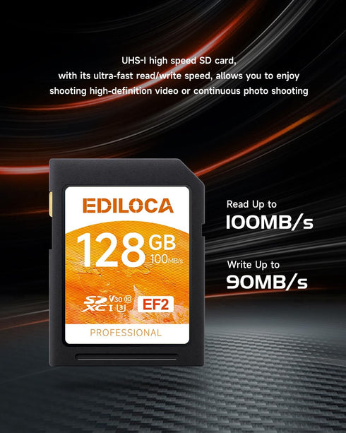 EF2_128GB UHS-I SD Card UHS-I Memory Card Fast Storage, Read Speed 100MB/s, Write Speed 90MB/s, C10, U3, V30, Full-HD & 4K Video, SD Card, Must-Ha...