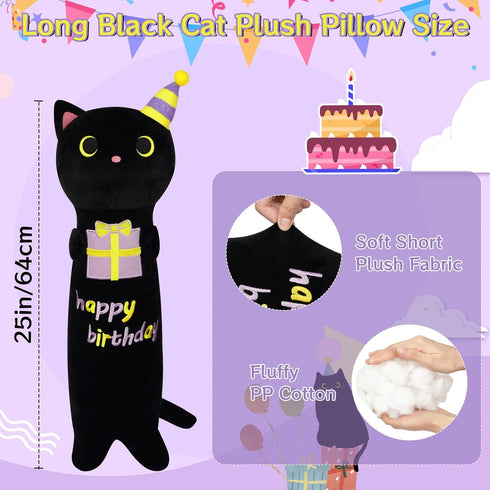 Long Cat Plush Pillow, 24inch Cute Birthday Plush Black Cat Plush, Birthday Stuffed Animal,Long Cat Plushie Soft Cat Hugging Pillow for Kids, Boys...