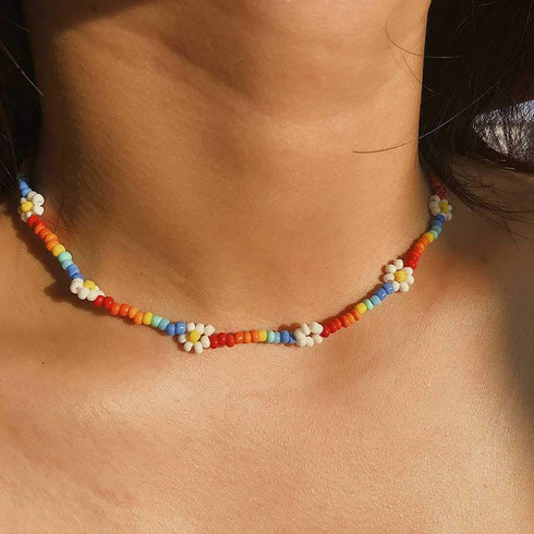 Barode Boho Seed Bead Choker Rainbow Flower Colorful Necklaces Puka Shell Chain Hawaiian Beach Necklace for Women...