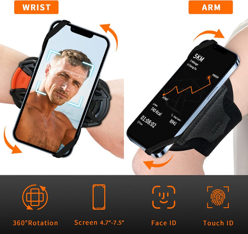 Armband Phone Holder 360° Rotation & Detachable, Compatible with iPhone 15/14/13/12/Pro/Pro ect., Samsung, and More Fits 4.7''-7.5'' Phones Ideal ...