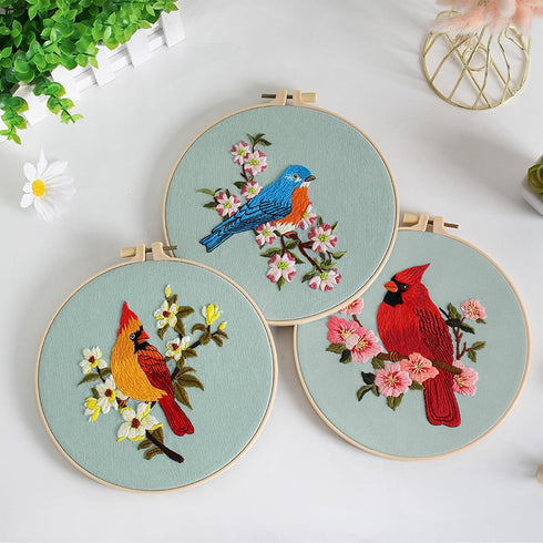 Louise Maelys 3 sets bird Embroidery Kits for Beginners,Adults Starter flower pattern Cross Stitch Kit DIY Needlepoint Kits with embroidery instru...