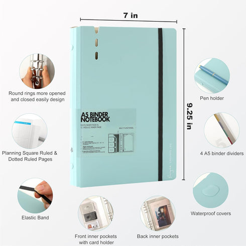 CAGIE A5 Binder 6 Ring Binder Notebook with Dividers Refillable Planner Binder with Pockets, A5 Refill Paper Include Planning Square Ruled and Dot...