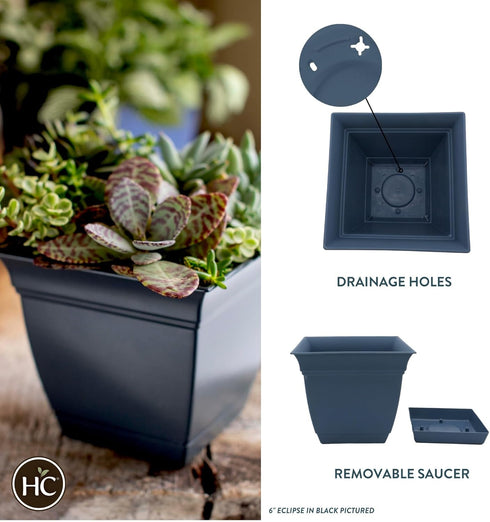 The HC Companies 10 Inch Eclipse Square Planter with Saucer - Indoor Outdoor Plant Pot for Flowers, Vegetables, and Herbs, Slate Blue...