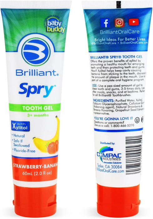Brilliant Oral Care Kids Fluoride Free Toothpaste, Spry Gel with Xylitol, Strawberry Banana Flavor for Ages 3+ Months, 2 fl oz, 1 Pack...