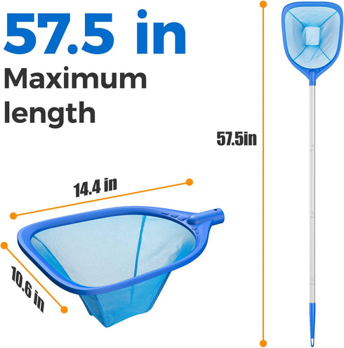 Swimming Pool Skimmer Net Total Length 57 inches, Leaf Rake Net with 4 Section Telescopic Aluminum Pole for Fast Cleaning Ponds, Hot Tub, and Spas...