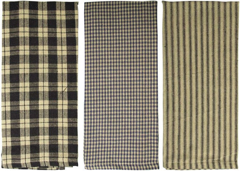 fillURbasket Black Farmhouse Kitchen Towels Set of 3 Striped Buffalo Checked Plaid Dish Towels Black and Tan Towels for Decor Dishing Drying Cotto...