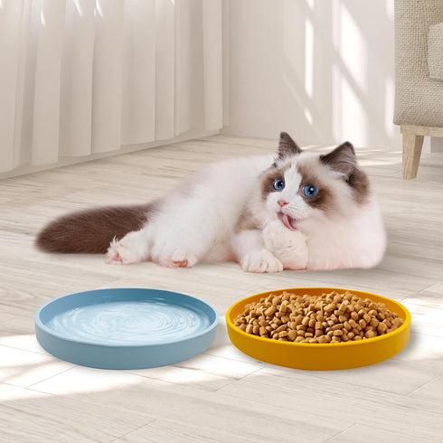 Silicone Cat Food Bowl Set of 2 Shallow Cat Food Dish 7in Wide Cat Plates Relief Whisker Fatigue Pet Feeding Bowls for Kittens Puppy Dog Non Slip ...