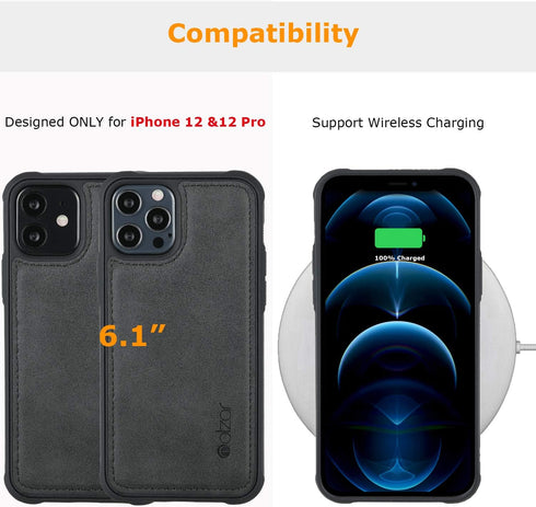 Molzar MAG Series iPhone 12 and iPhone 12 Pro Case with Faux Leather, Built-in Metal Plate for Magnetic Mount, Wireless Charging Support, Compatib...