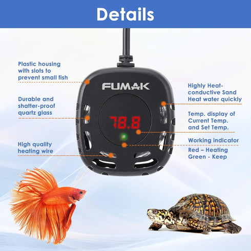 Mini Aquarium Heater Adjustable 25W Submersible Fish Tank Heater with LED Digital Display, Turtle Tank Heater Small Aquarium Heater, Ideal for 2-5...