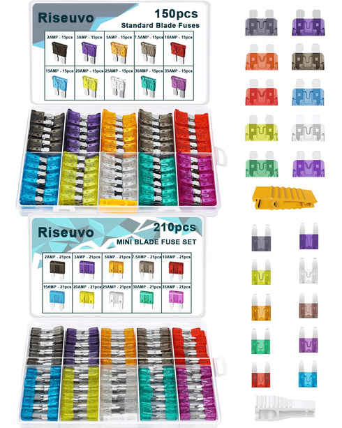 360pcs Car Blade Fuses Assortment Kit - RV Automotive Fuses, Standard & Mini (2A/ 3A/ 5A/ 7.5A/ 10A/ 15A/ 20A/ 25A/ 30A/ 35A), Auto Replacement Fu...