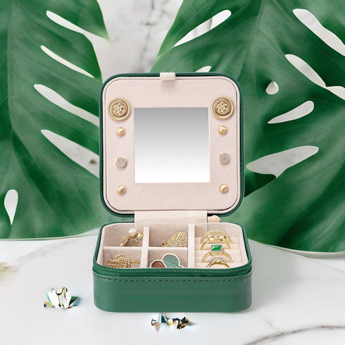 Vlando Small Travel Jewelry Box Organizer - Mirrored Jewelries Necklaces Rings Earrings Necklace Storage Case, Dark Green...