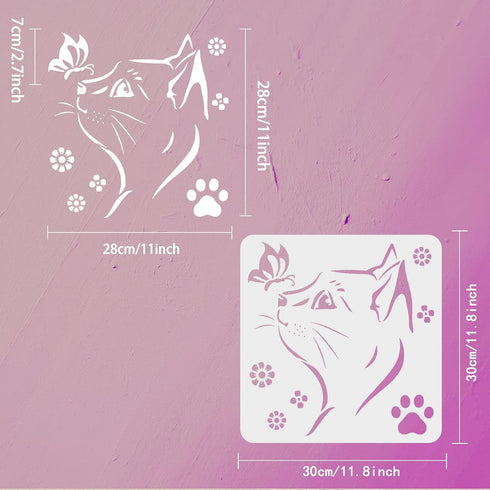 FINGERINSPIRE Cat Stencil 11.8x11.8inch Square Painting Stencil Cat Head Stencil Butterfly Template Cat Paw Stencil Washable Drawing Template for ...