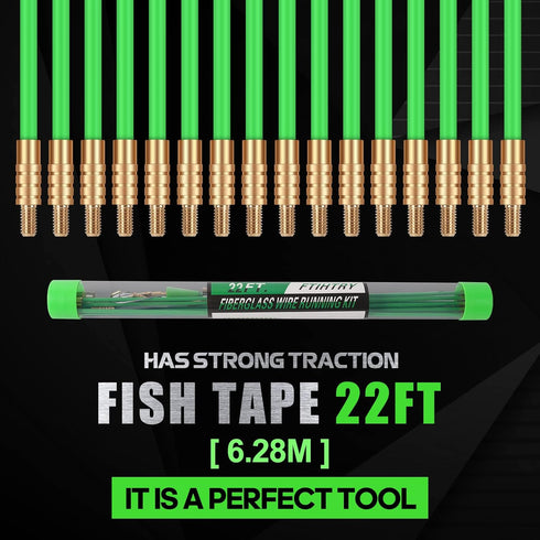 22FT Fiberglass Running Electrical Wire Cable Glow Rods Wire Pulling, Fish Rods Electrical Kit with 8 Different Attachments and Fish Tape Wire Pul...