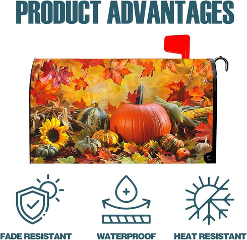 Autumn Fall Harvest Maple Leaves Pumpkin Mailbox Covers Waterproof Magnetic Durable Post Box Cover Wraps Standard Size 21x18 Inches for Outdoor Ga...