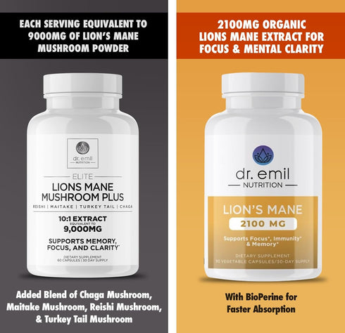 DR. EMIL NUTRITION 2100mg Organic Lions Mane Supplement Capsules - Focus, Mental Clarity & Cognition - Nootropic Lion's Mane Mushroom Supplement w...