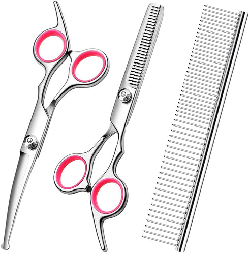Dog Grooming Scissors with Safety Round Tips Stainless Steel Professional Dog Grooming Kit - Thinning, Curved Scissors and Comb for Dog Cat Pet...