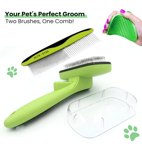 ELITE ETAIL Self Cleaning Pet Hair Brush with Additional Comb and Bath Brush - Skin Friendly Pet Grooming Kit for Dogs and Cats, Detangling, Deshe...