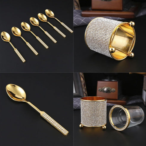 6Pcs Coffee Spoons Set with Holder, Zinc Alloy Gold Dessert Spoons, Mini Tea Spoons Set, Small Delicate Spoons Set for Fruit,Stirring, Mixing, Sug...
